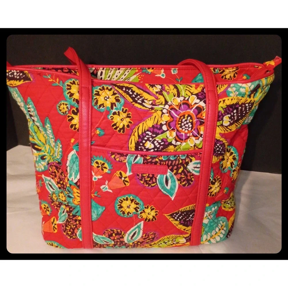 Vera Bradley Tote Bag Women Large Red Multi Floral Quilted Shoulder Handbag